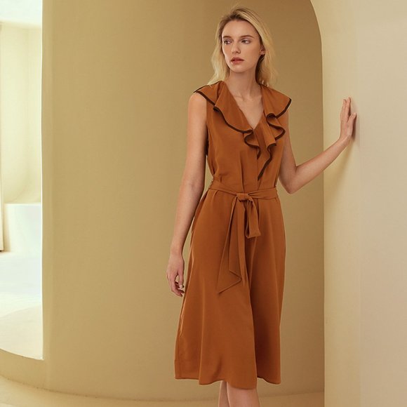 NWT ALL New 100% Silk V-Neck Sleeveless Silk Orchid Dress Dark Caramel - Picture 1 of 8